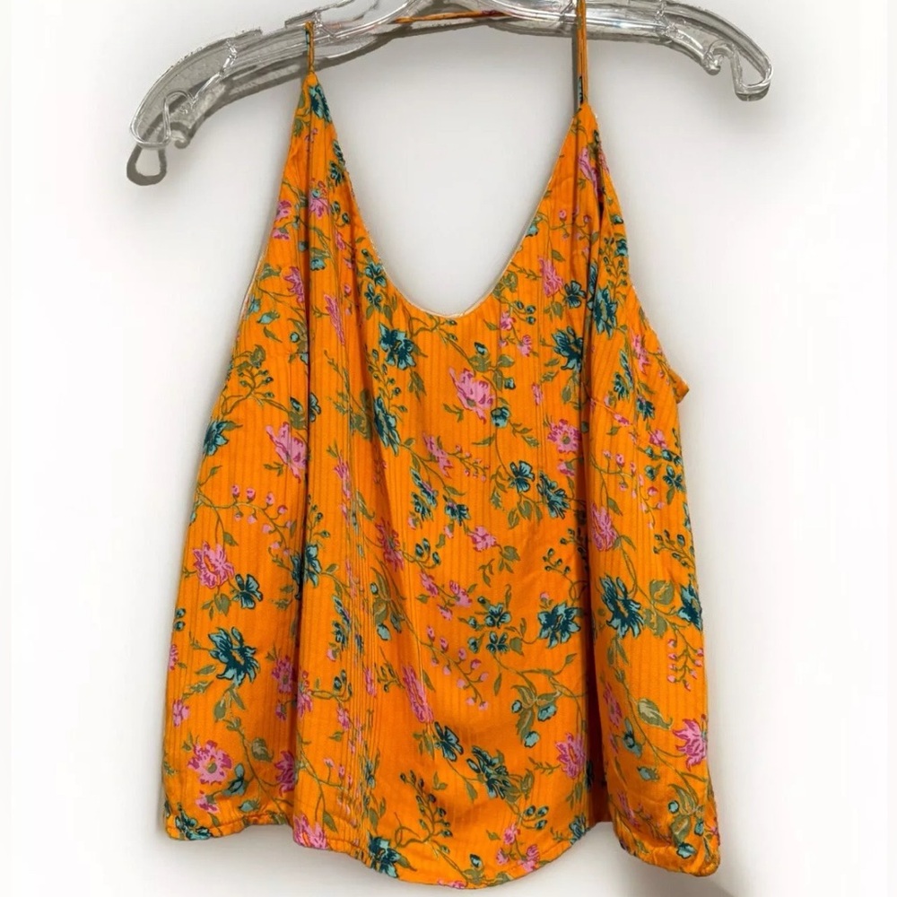 Anthropologie Sabia Cris Cross Back Orange Floral Strappy Tank Flowy Sz 16 Y2K